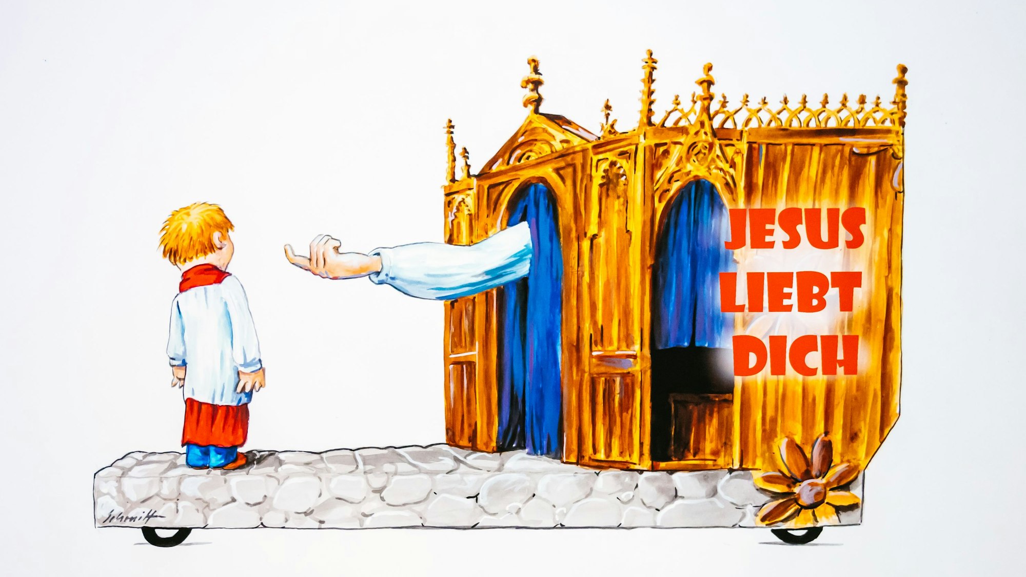 Der Persiflagewagen „Jesus liebt Dich“ des Festkomitees.