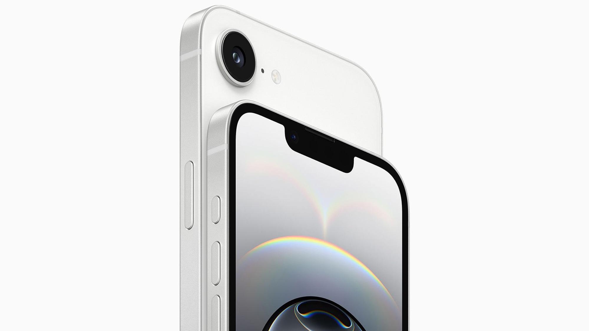Die Vorder- und Rückseite des kommenden iPhone 16e in weiß. Das iPhone 16e wird in Deutschland zu einem Preis ab 699 Euro verkauft.