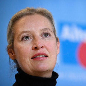 AfD-Chefin Alice Weidel vor dem Logo der Partei, die vom Verfassungsschutz als „gesichert rechtsextremistisch“ eingestuft wird. (Archivbild)