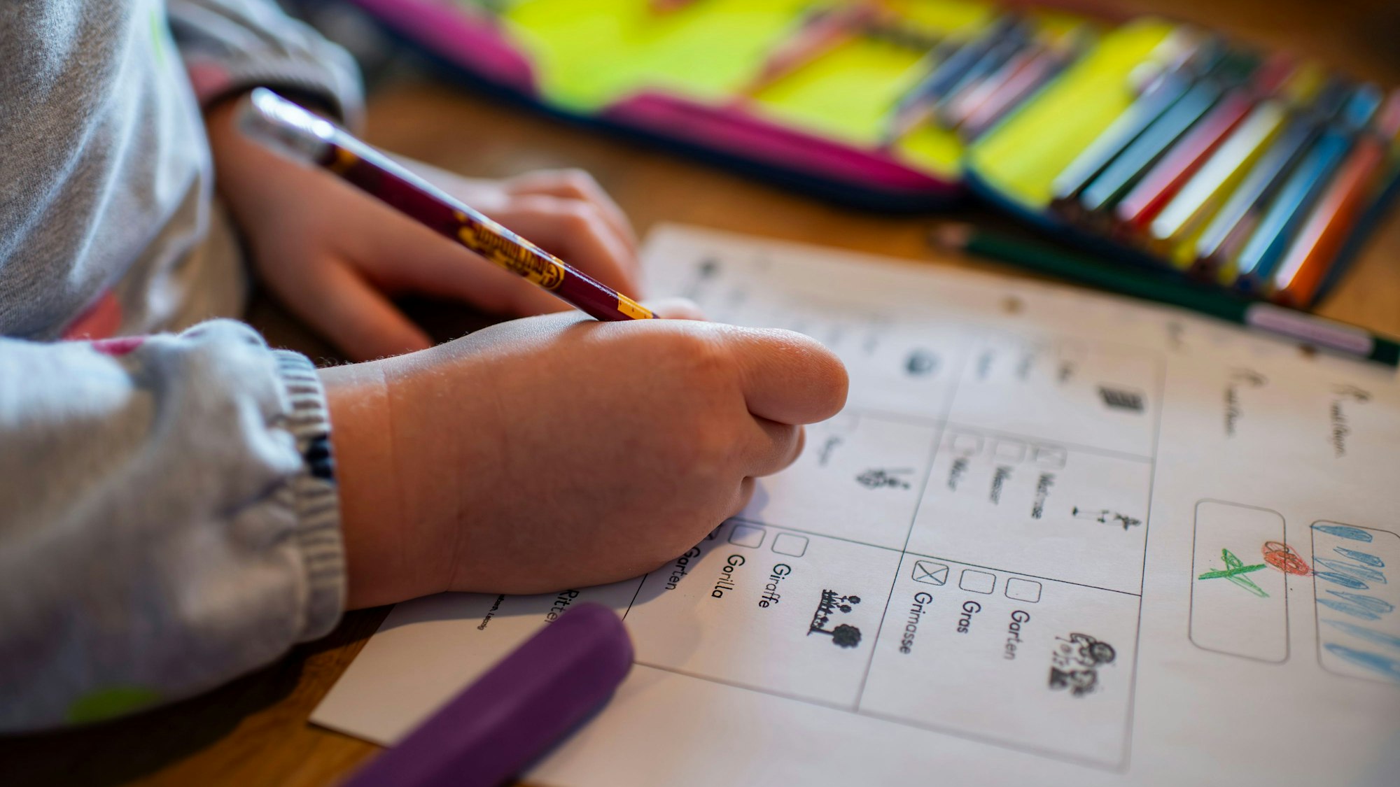 Das Bild zeigt eine Grundschülerin, die ein Arbeitsblatt bearbeitet.