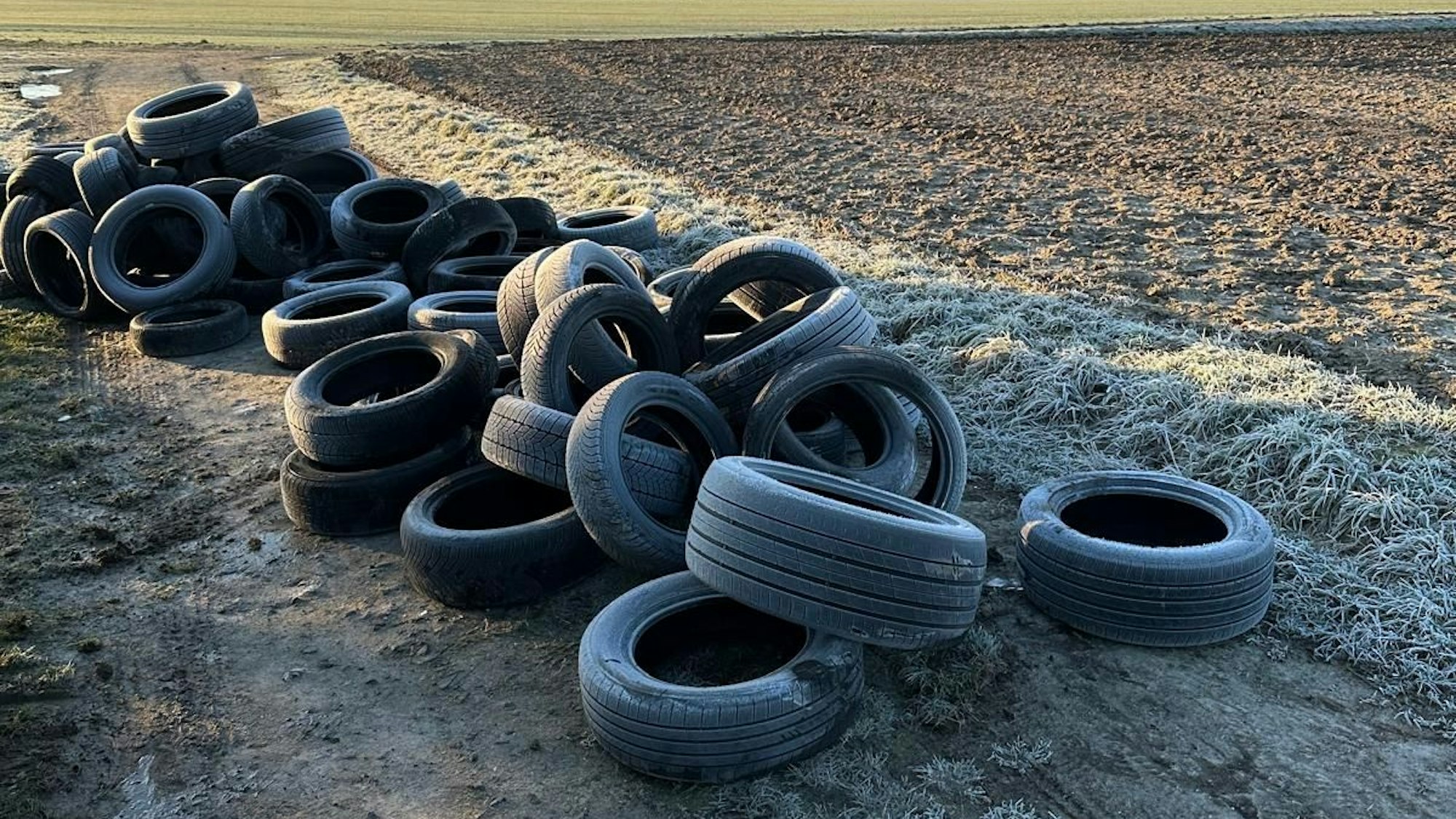Auf dem Bild sind zahlreiche Autoreifen auf Feldern zwischen Rommerskirchen und Rheidt zu sehen.