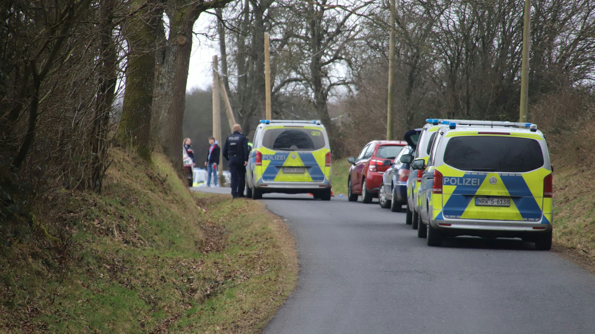 Mehrere Streifenwagen stehen auf einer schmalen Straße.