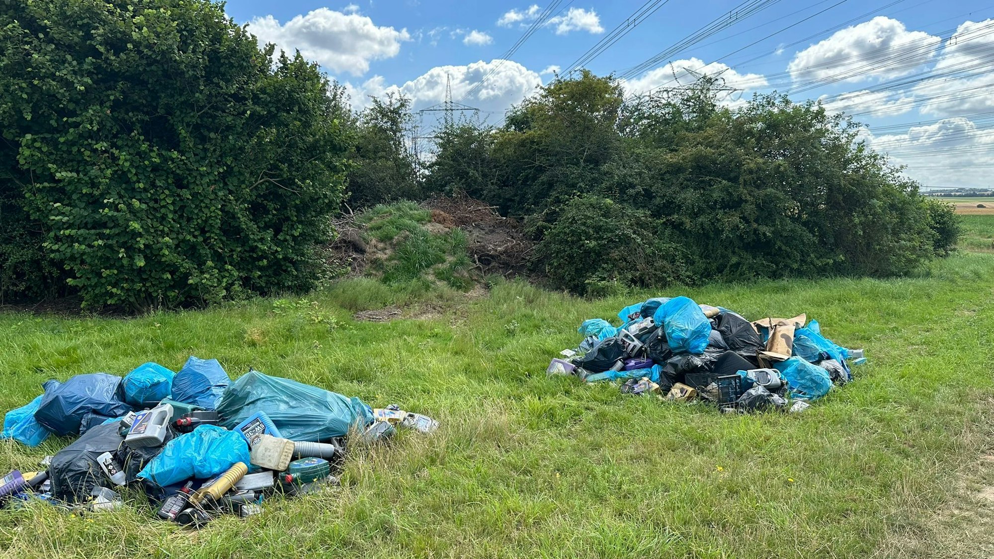 Zu sehen sind blaue und schwarze Säcke und lose herumliegende Ölkanister auf einer Wiese.