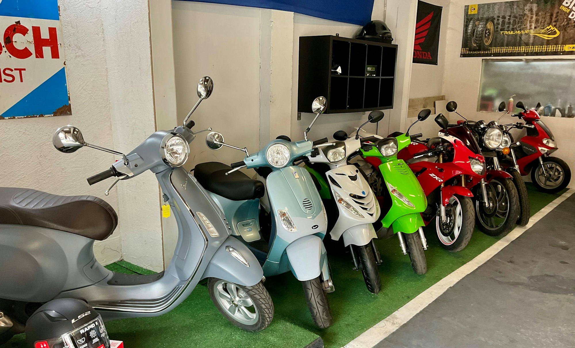 Ein Dutzend Motorroller in allen Farben stehen in Reih und Glied.