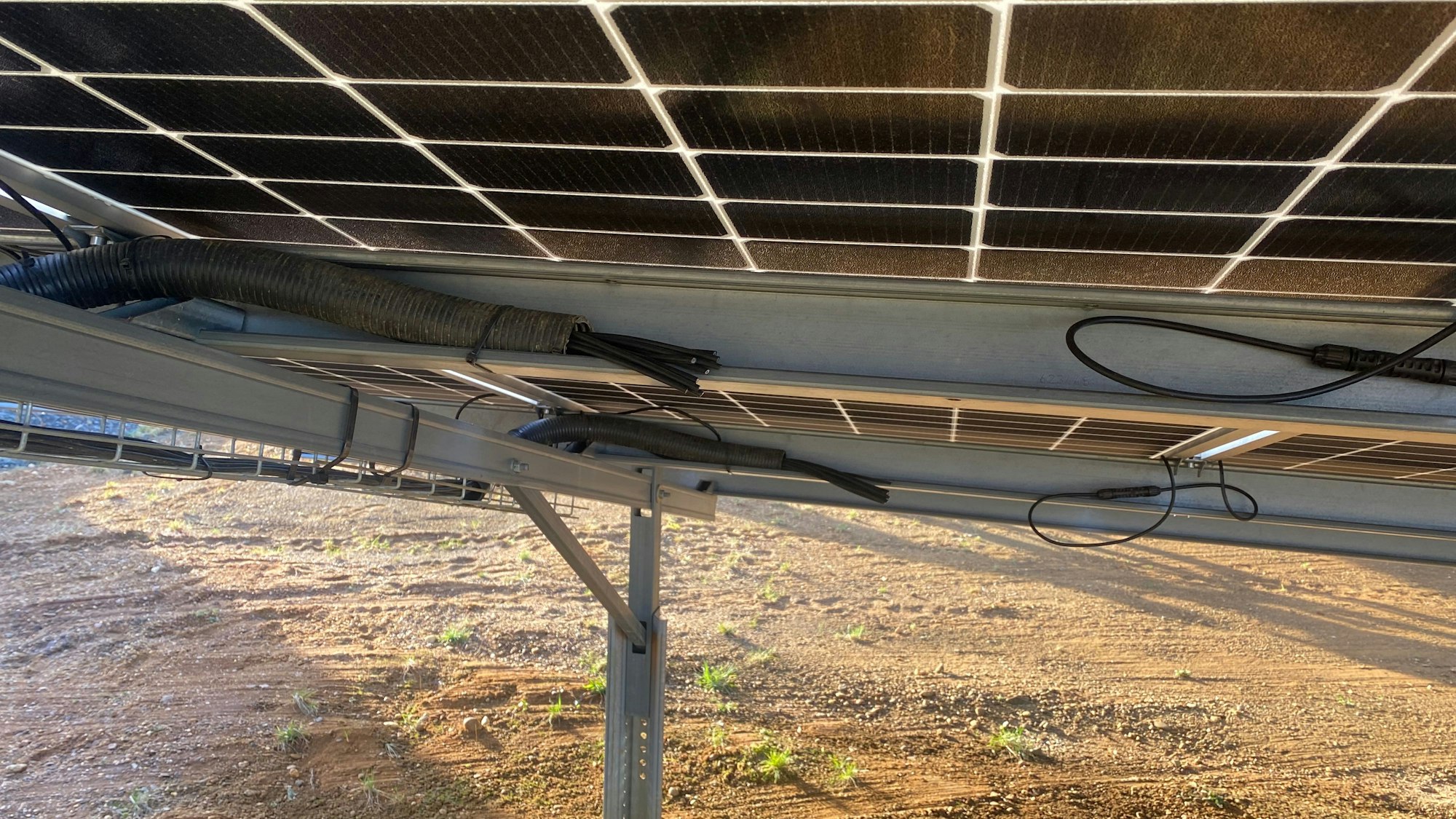 Auf dem Bild sind durchgeschnittene Kabel an einer PV-Anlage zu sehen.