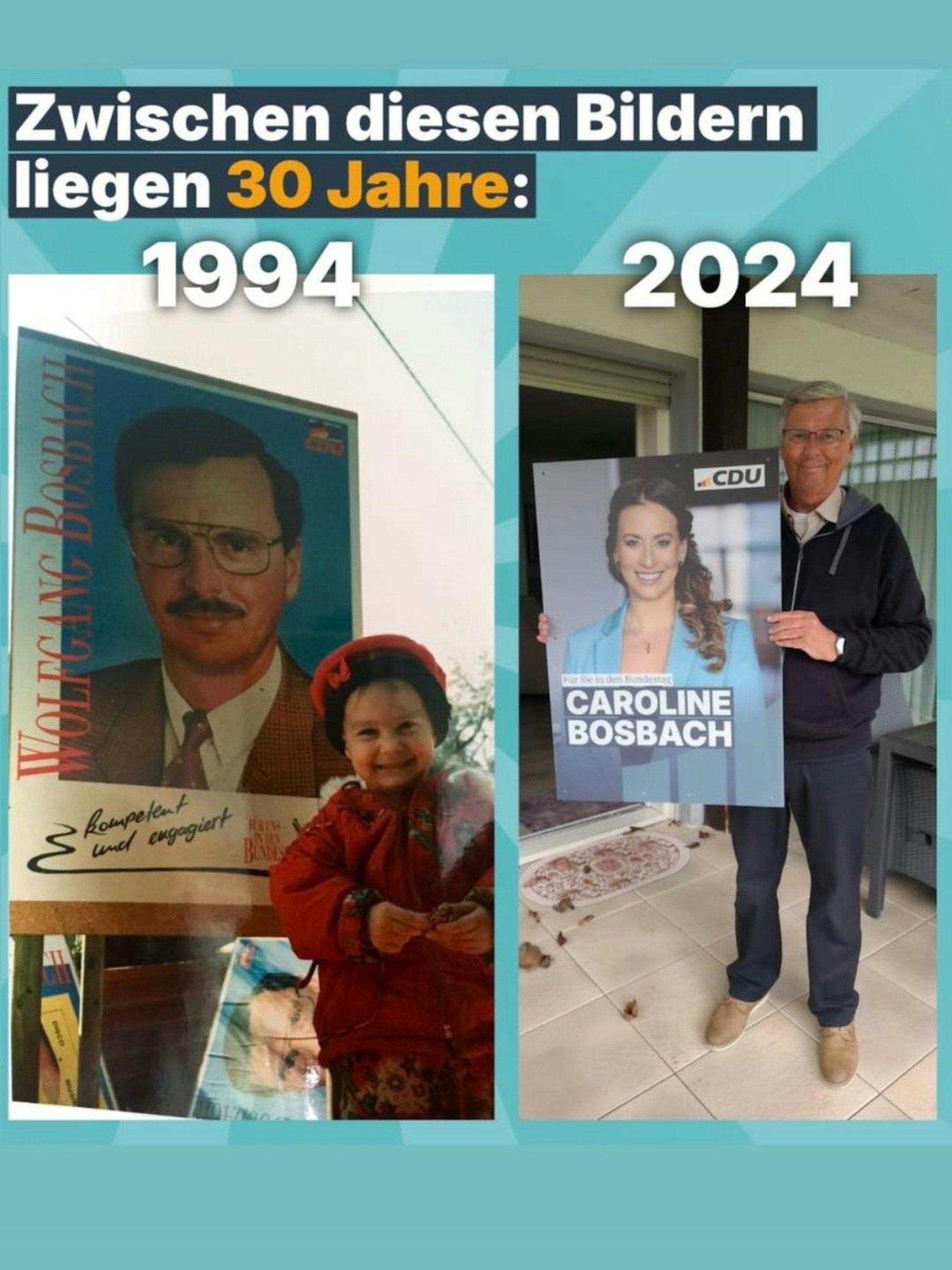 Zwei Bilder zeigen zum einen Caroline Bosbach als Kind mit einem Wahlplakat ihres Vaters und zum anderen ihren Vater Wolfgang Bosbach mit einem Wahlplakat seiner Tochter.