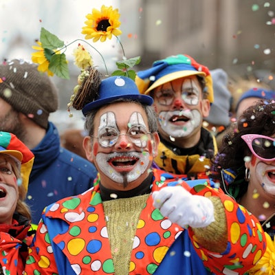 Besucher in Clown-Kostümen werfen bei einem Karnevalsumzug mit Konfetti.