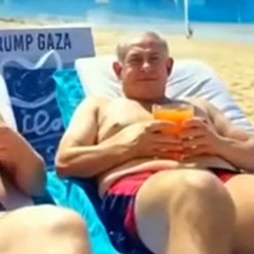 Ein Screenshot aus einem von Donald Trump veröffentlichten KI-Video zum Gazastreifen zeigt den US-Präsidenten zusammen mit Benjamin Netanjahu am Strand.