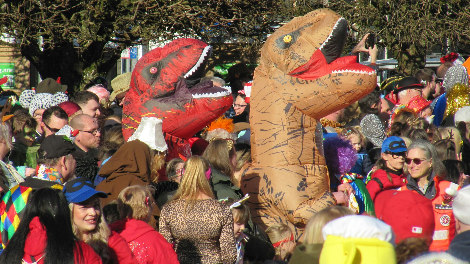 Zwei als Dinosaurier verkleidete Menschen bei einem Karnevalszug.
