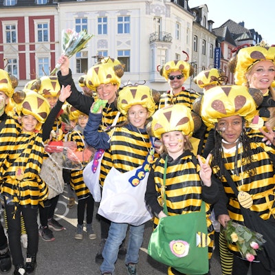 Kinder und Erwachsene in Bienenkostümen stehen auf der Straße im Gladbacher Zoch.