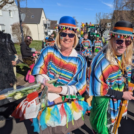 Das Foto zeigt bunt kostümierte Jecken im Karnevalszug.