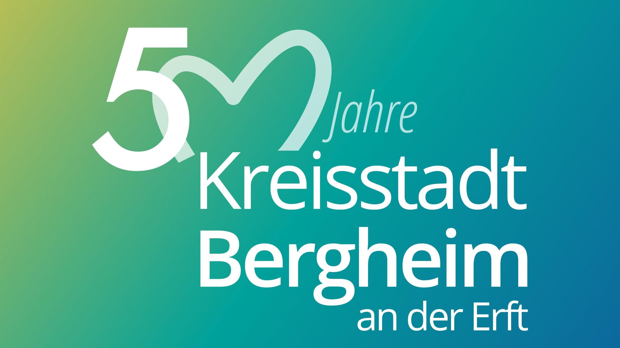 Auf dem Foto ist das Logo für „50 Jahre Kreisstadt Bergheim“ zu sehen.