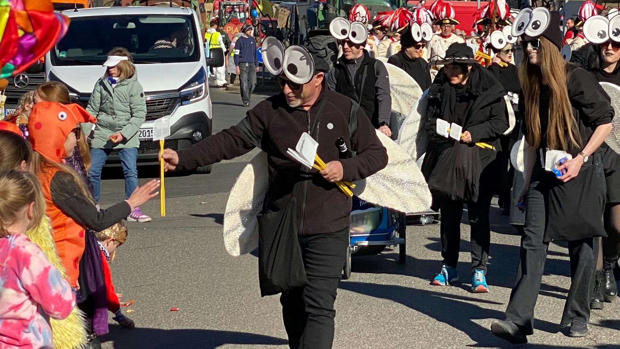Zu sehen sind als Fliegen kostümierte Jecken im Zug.