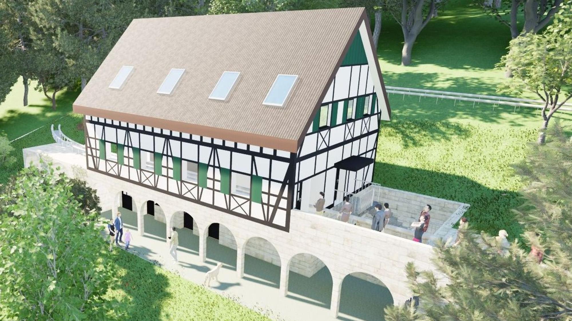 So könnte es aussehen, wenn es steht: Das Haus, in dem die Sommerrodler ein- und aussteigen, in Fachwerk-Optik.