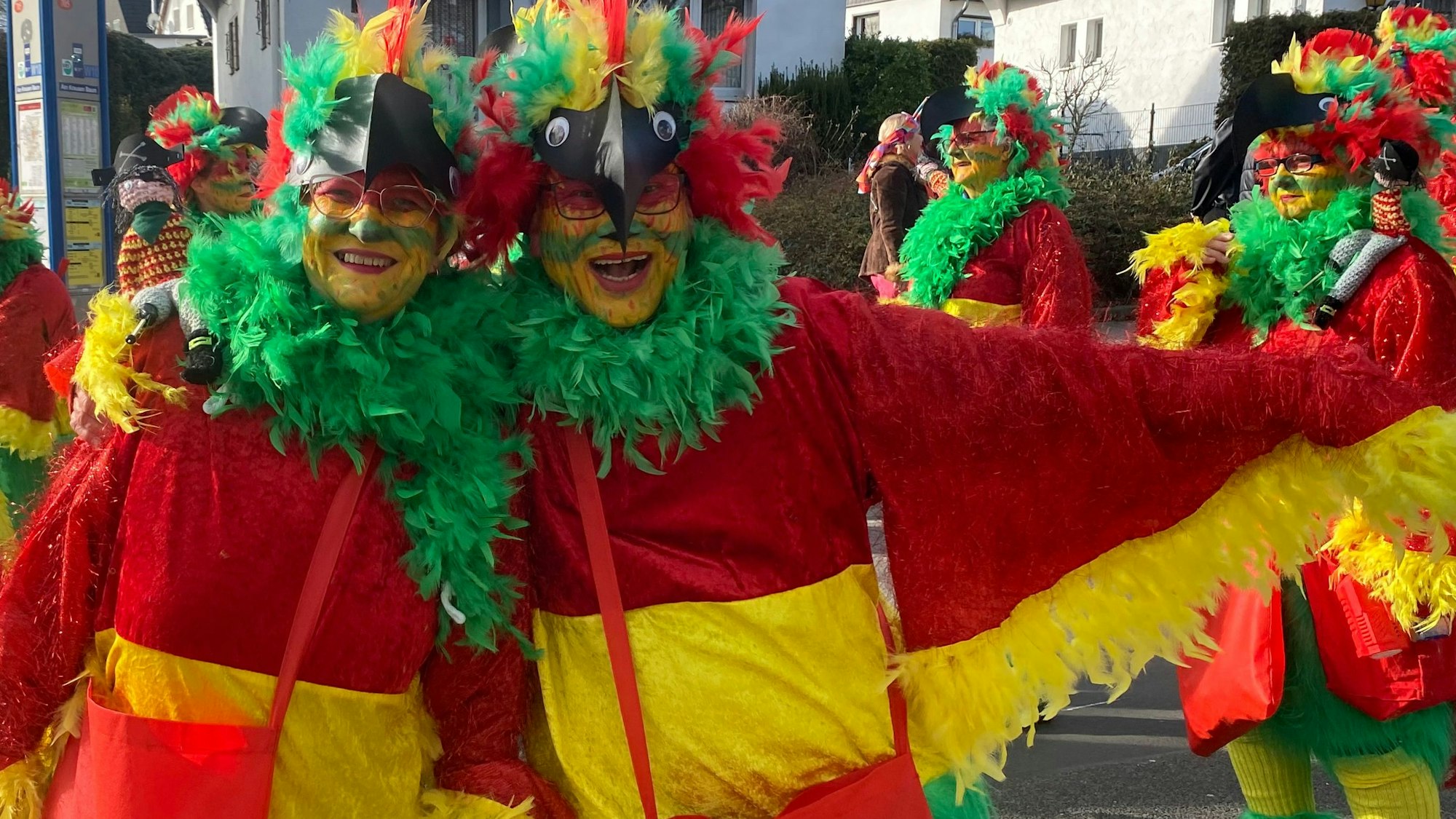 Zu sehen sind als Papageien verkleidete Narren.
