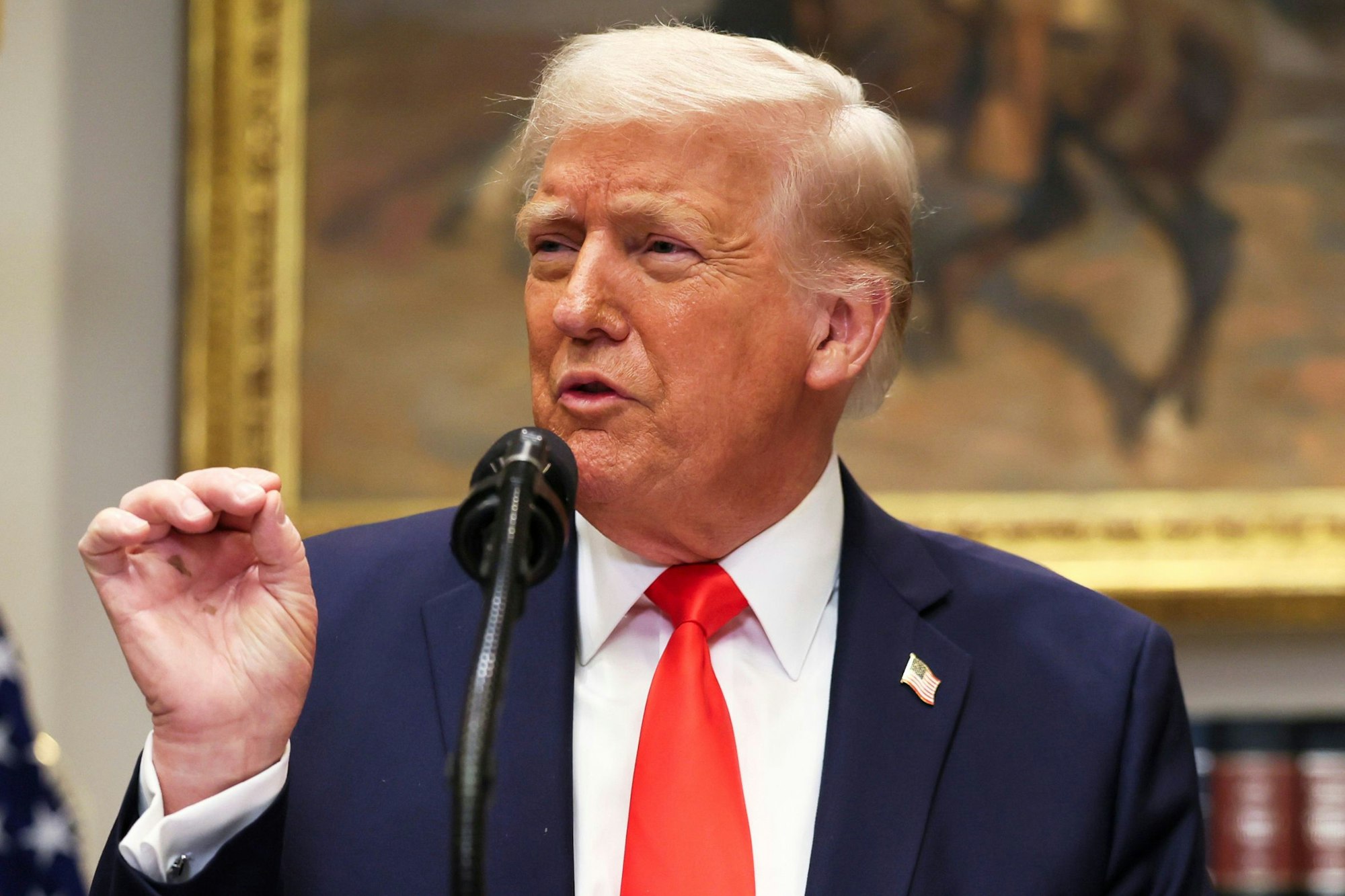 Das Bild zeigt US-Präsident Donald Trump bei einer Rede im Roosevelt-Room des Weißen Haus.