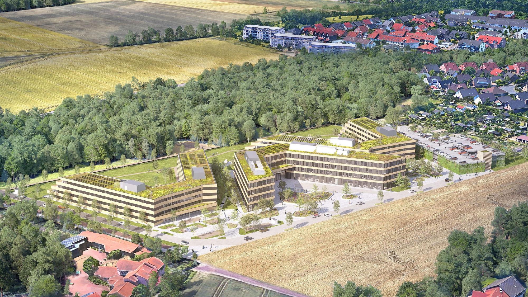Das Bild ist eine Visualisierung und zeigt den Ville-Campus, der in Erftstadt gebaut werden soll.