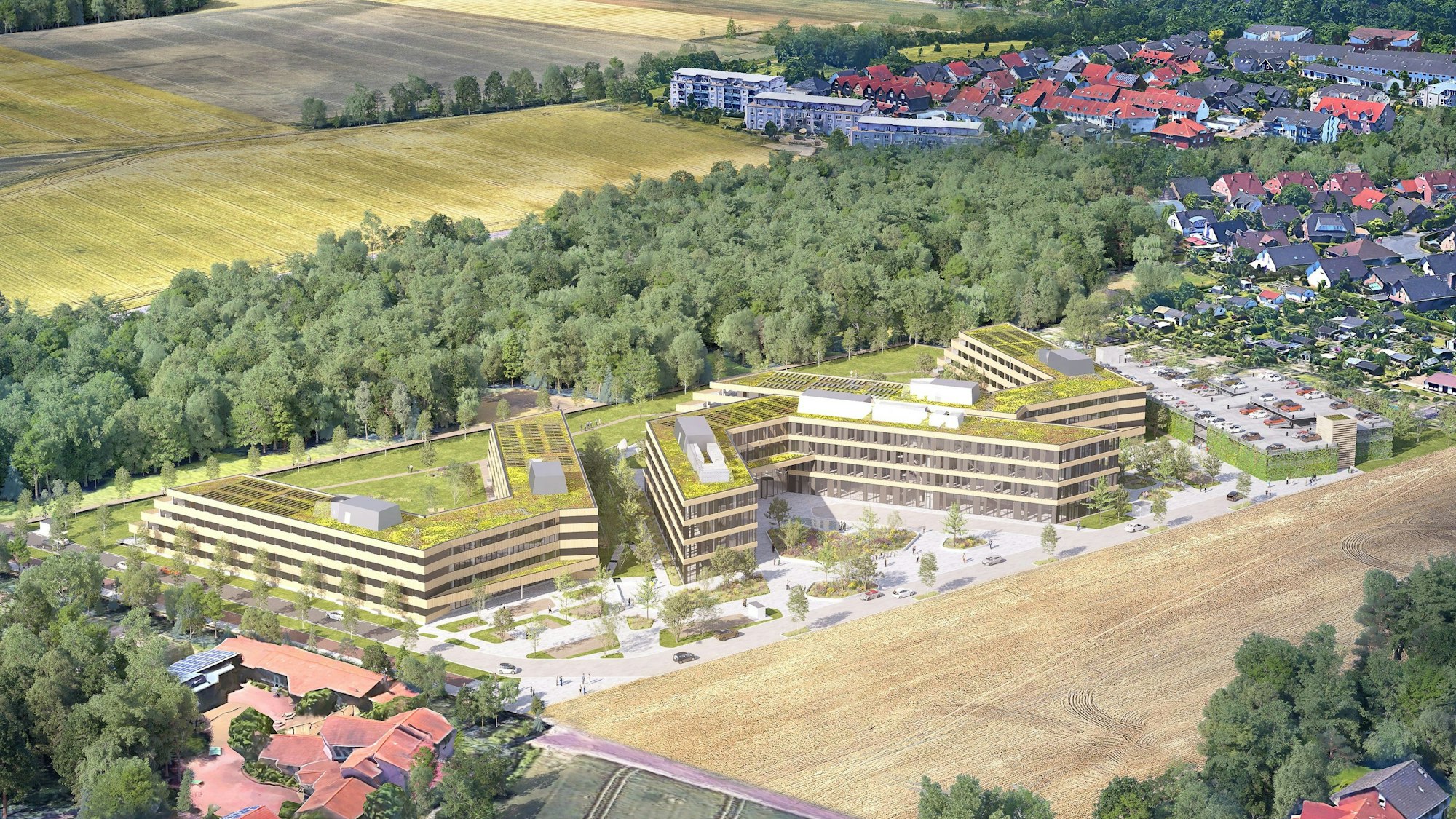 Das Bild ist eine Visualisierung und zeigt den Ville-Campus, der in Erftstadt gebaut werden soll.