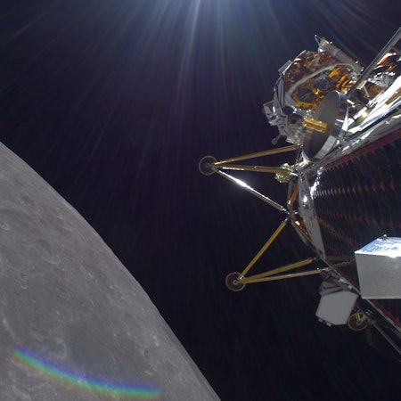 Der Lander „Athena“. Im Hintergrund ist der Mond zu sehen.