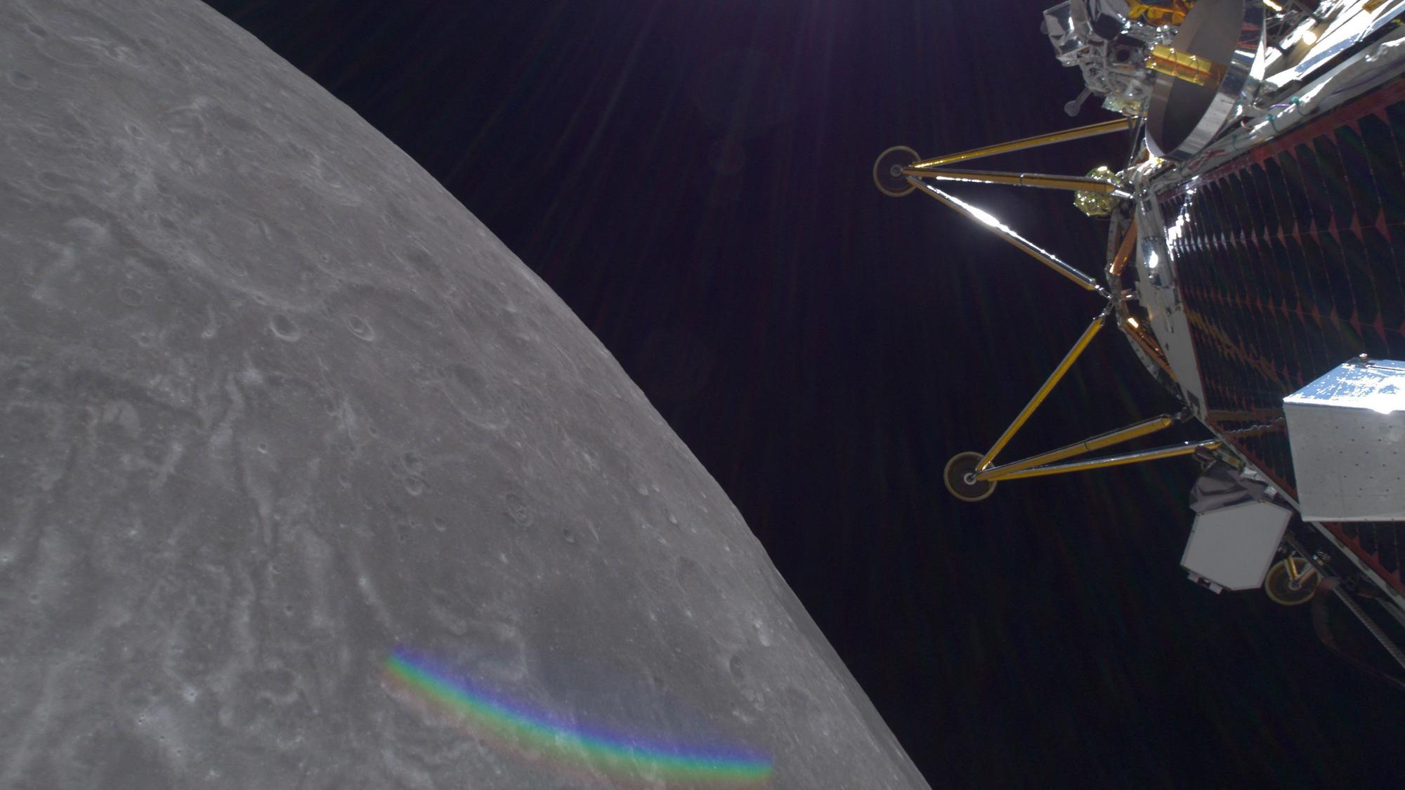 Der Lander „Athena“. Im Hintergrund ist der Mond zu sehen.