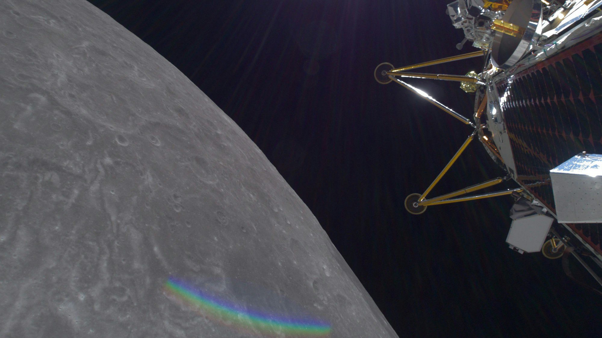 Der Lander „Athena“. Im Hintergrund ist der Mond zu sehen.