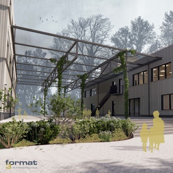 Visualisierung einer neuen Grundschule aus Holz. Davor eine begrünte Pergola.