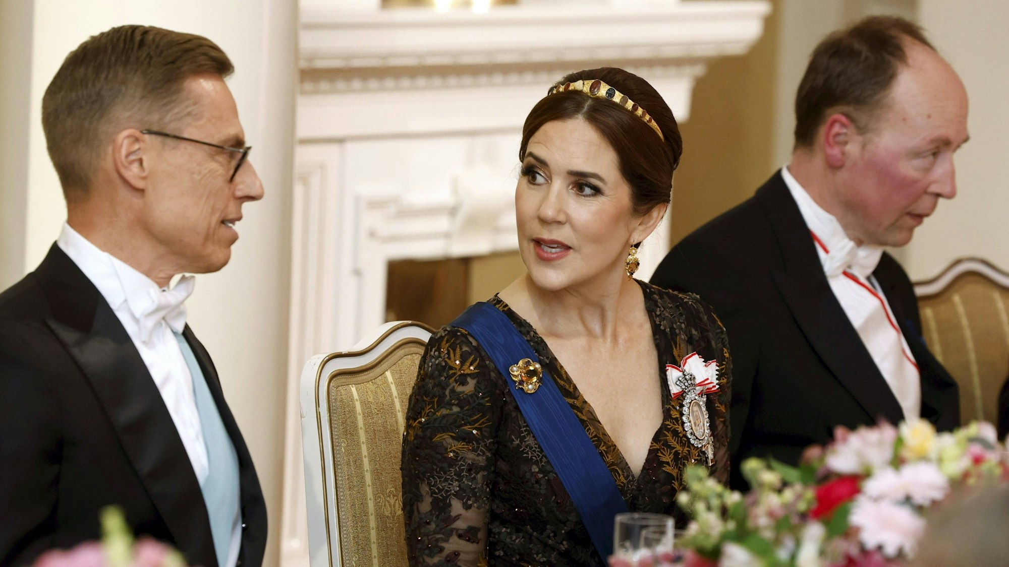 Der Präsident der Republik Finnland Alexander Stubb L. und Königin Mary von Dänemark beim Galadinner.