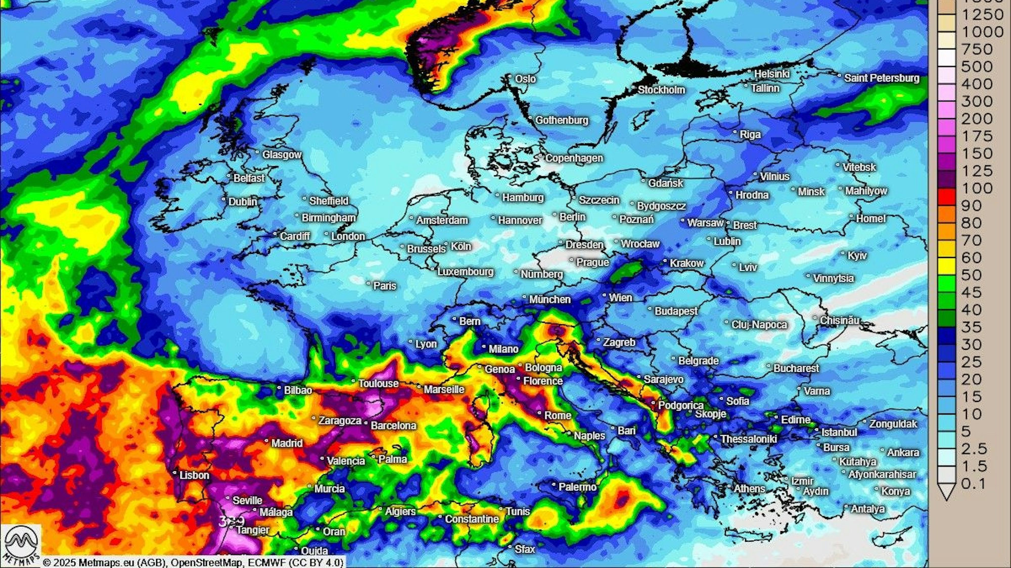 Eine Wetterkarte zeigt die Temperaturverteilung über dem Atlantik und dem europäischen Kontinent.
