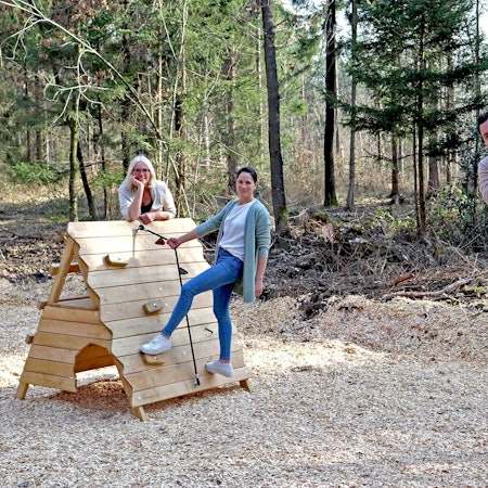 Zwei Frauen und ein Mann auf Klettergeräten im Wald