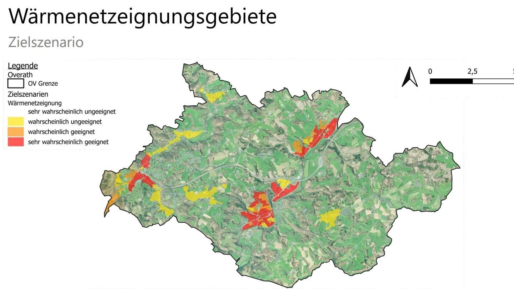 Auf einer Stadtkarte von Overath sind rote Gebiete eingezeichnet.