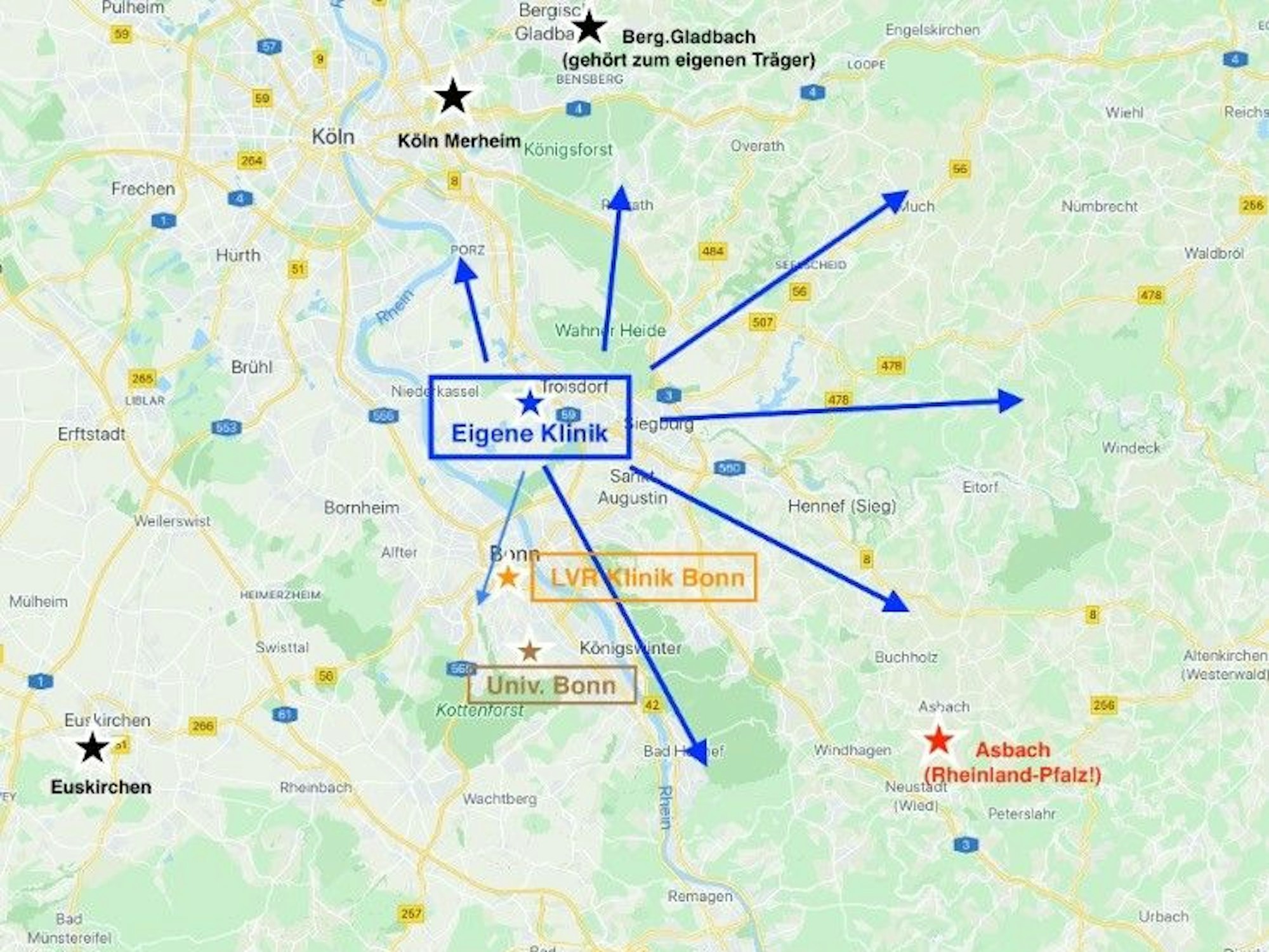 Frederic Mack, Leitender Oberarzt der GFO Kliniken Troisdorf, hat auf einer Karte die Stroke Units eingezeichnet, die im und um den Rhein-Sieg-Kreis liegen.