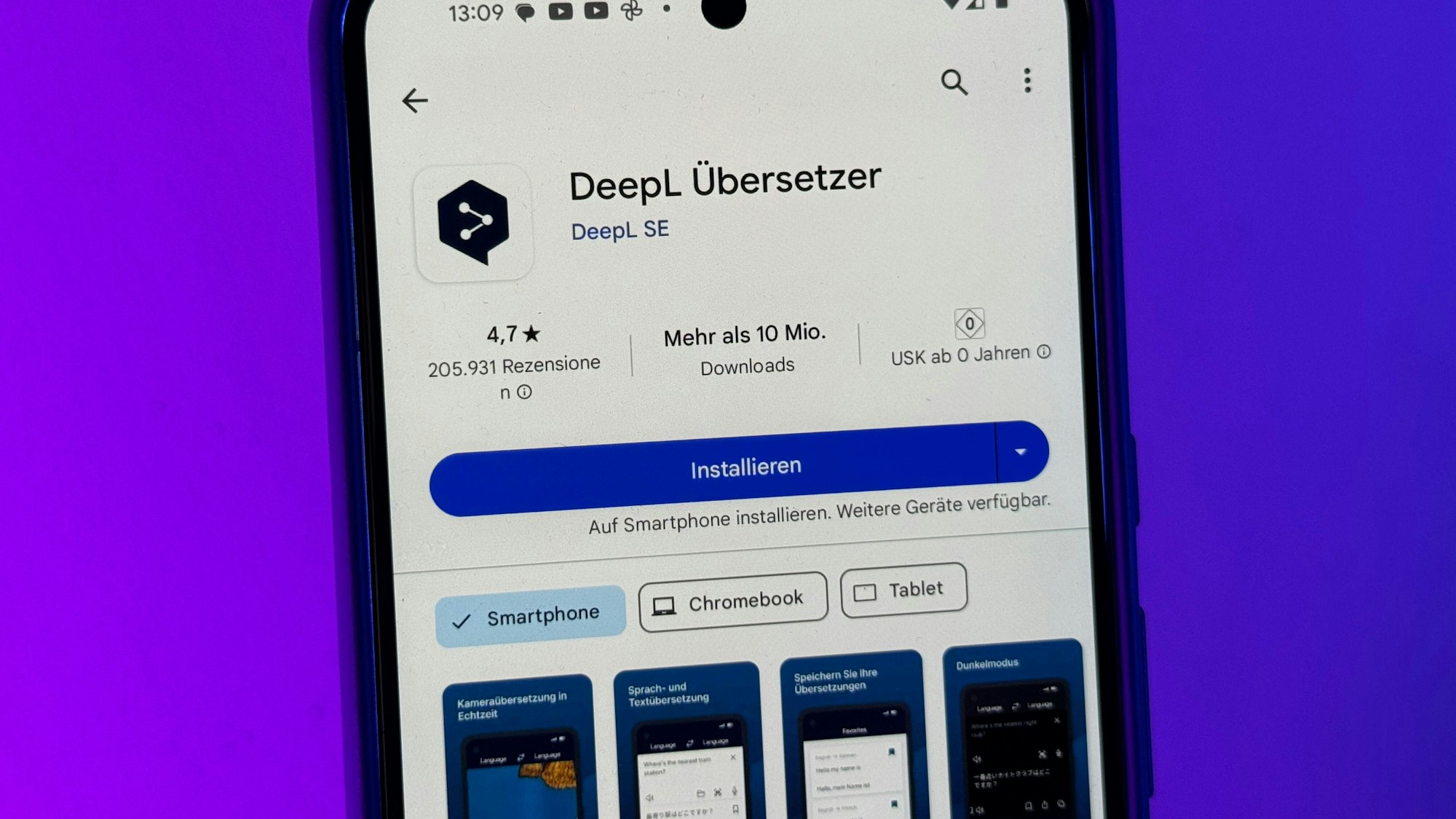 Die App DeepL Übersetzer im Play Store ist auf einem Google Pixel 8 Pro zu sehen.