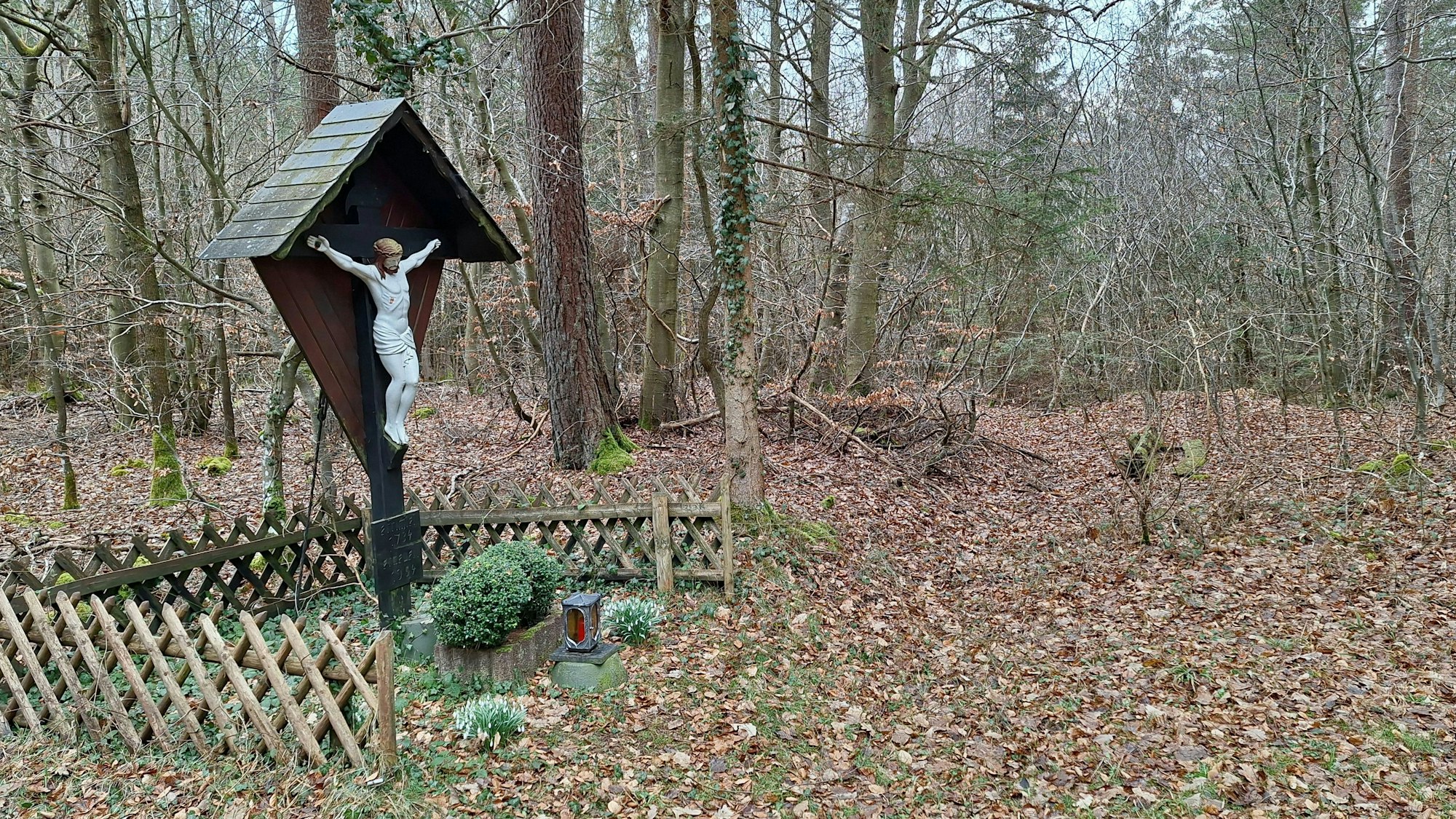 Ein Gedenkkreuz steht im Dollendorfer Busch im Blankenheimer Gemeindewald. Die Bäume haben keine Blätter.