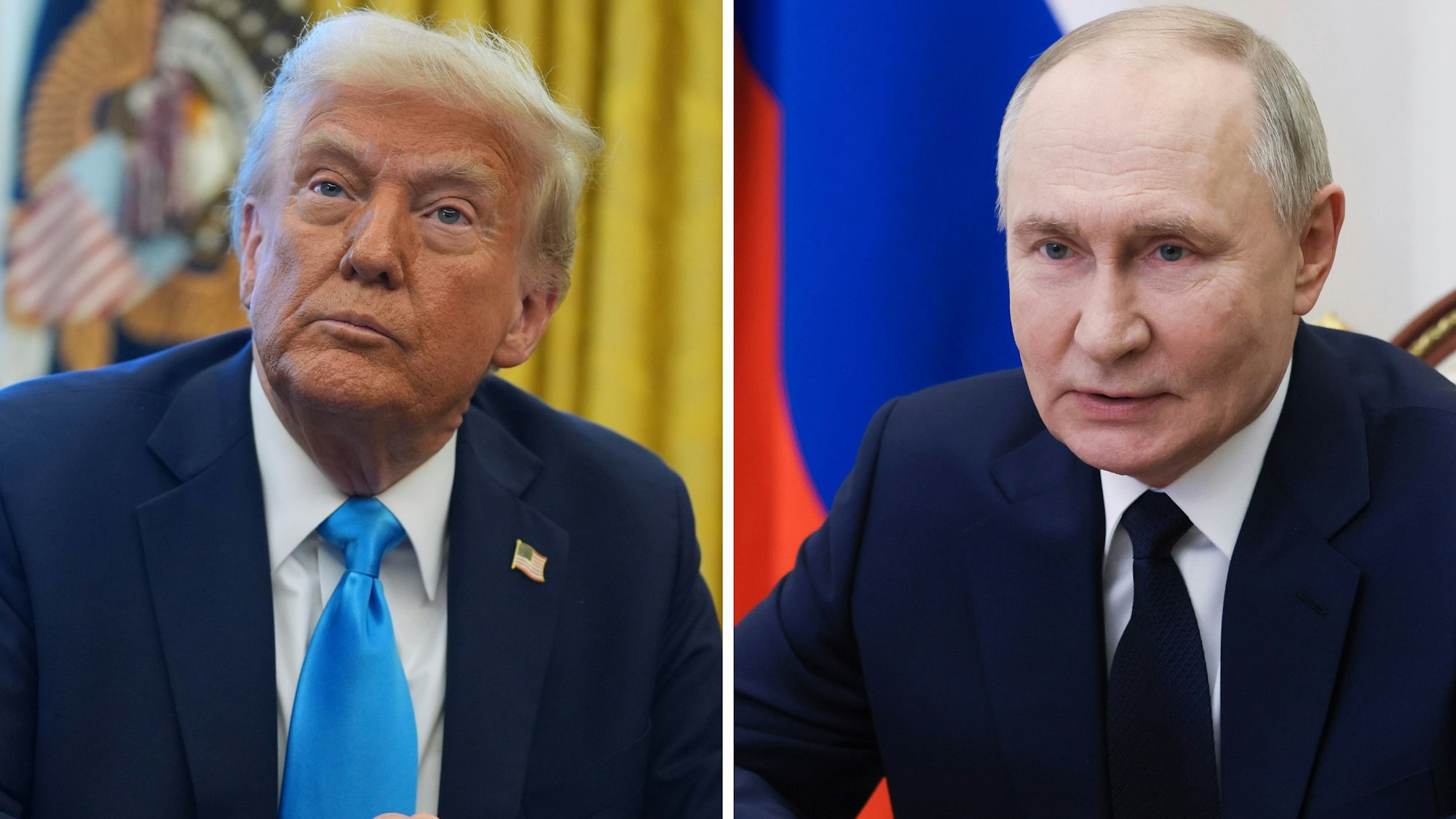 04.02.2025, ---: Die Kombo aus Archivbildern zeigt US-Präsident Donald Trump (l) im Oval Office des Weißen Hauses am 04.02.2025 und den russischen Präsidenten Wladimir Putin im Kreml, als er an einer Sitzung des Sicherheitsrates per Videokonferenz am 07.03.2025 teilnimmt.