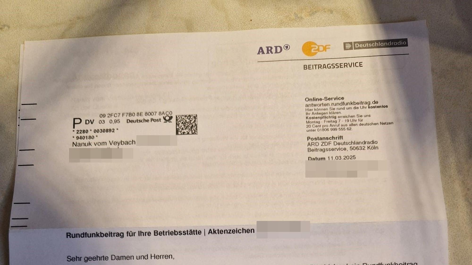 Das erste Schreiben der Beitragsservicestelle an Nanuk vom Veybach.