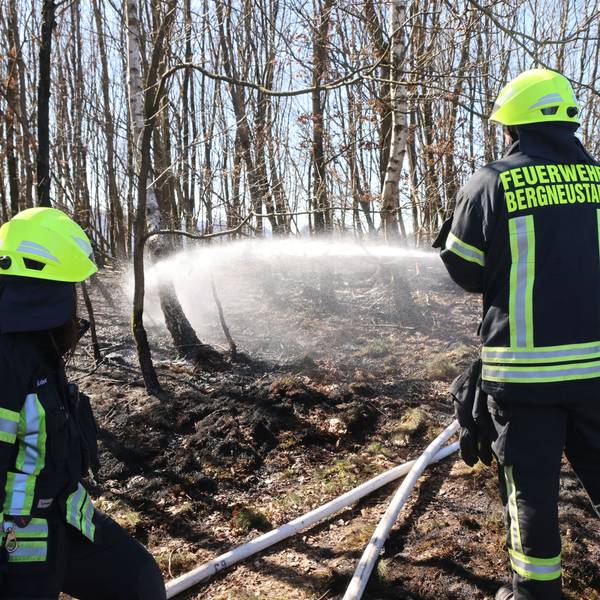 Zwei Feuerwehrleute löschen im Wald einen Brand.