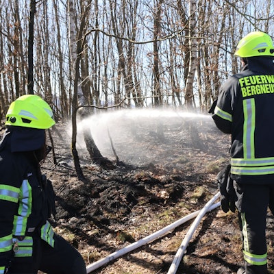 Zwei Feuerwehrleute löschen im Wald einen Brand.