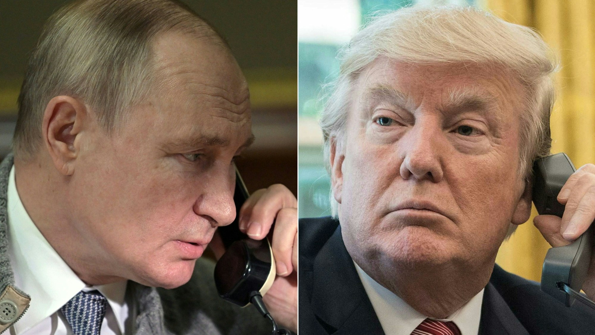 (COMBO) This combination of pictures created on March 18, 2025 shows, L-R, Russia's President Vladimir Putin in Strelna, outside St. Petersburg, on December 27, 2021 and US President Donald Trump in the Oval Office at the White House in Washington, DC, on June 27, 2017. Trump and Putin spoke by phone on Tuesday, March 18, 2025, with the White House saying the talks on securing a ceasefire in Moscow's invasion of Ukraine were "going well." (Photo by Alexey NIKOLSKY and NICHOLAS KAMM / various sources / AFP)