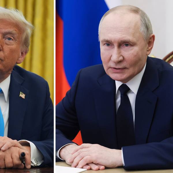 Die Kombo aus Archivbildern zeigt US-Präsident Donald Trump (l) im Oval Office des Weißen Hauses am 04.02.2025 und den russischen Präsidenten Wladimir Putin im Kreml, als er an einer Sitzung des Sicherheitsrates per Videokonferenz am 07.03.2025 teilnimmt.