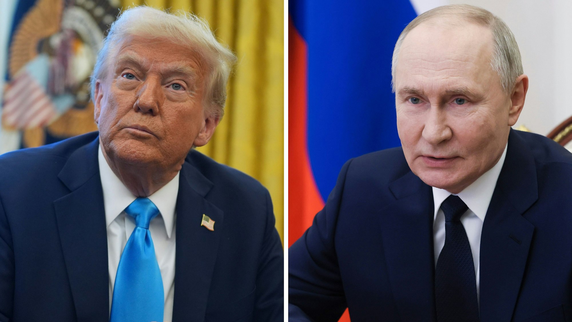 Die Kombo aus Archivbildern zeigt US-Präsident Donald Trump (l) im Oval Office des Weißen Hauses am 04.02.2025 und den russischen Präsidenten Wladimir Putin im Kreml, als er an einer Sitzung des Sicherheitsrates per Videokonferenz am 07.03.2025 teilnimmt.