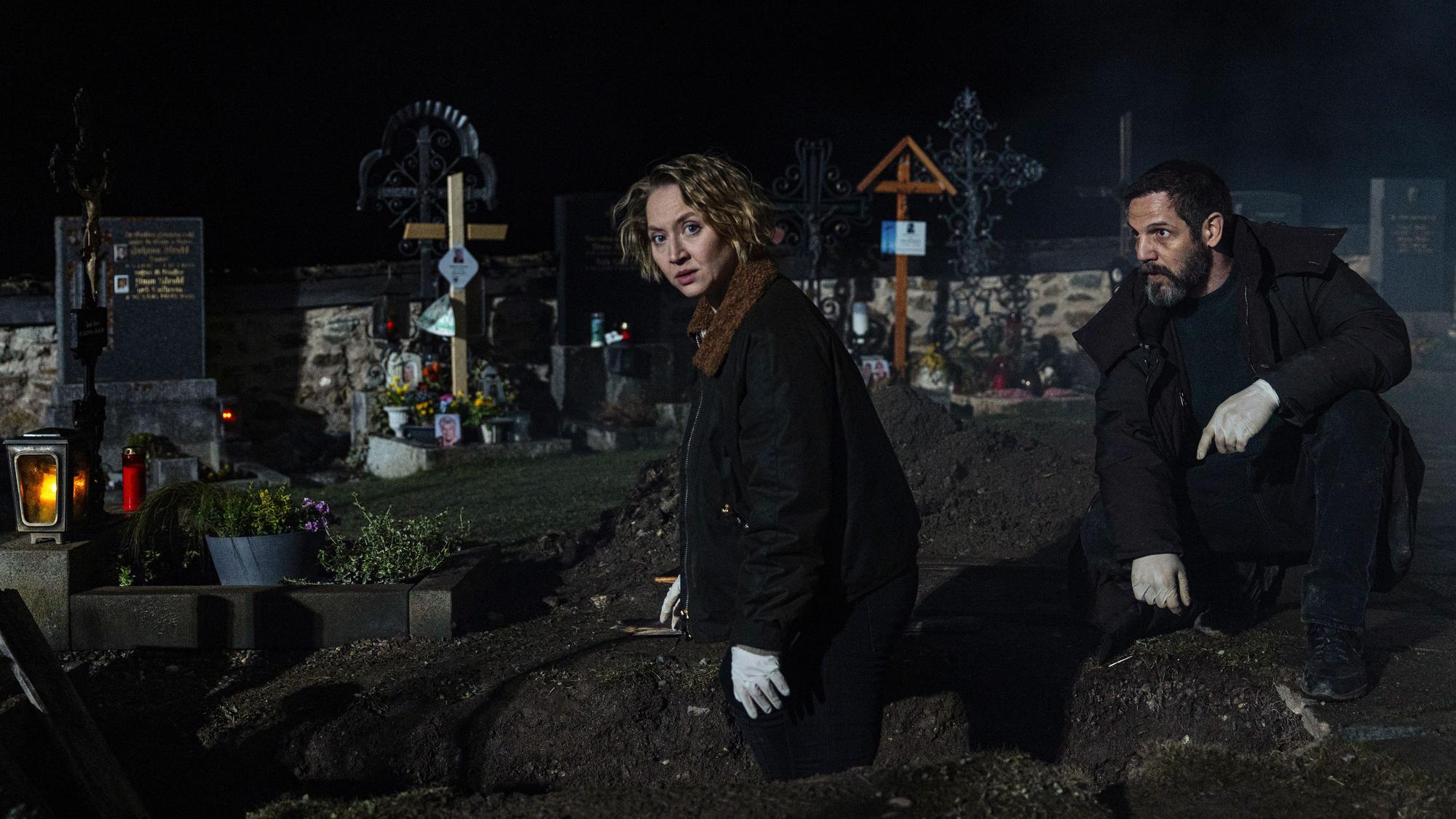 Anna Maria Mühe as Blum and Yousef Sweid as Reza on the set of Totenfrau S2, Courtesy of Netflix 2025