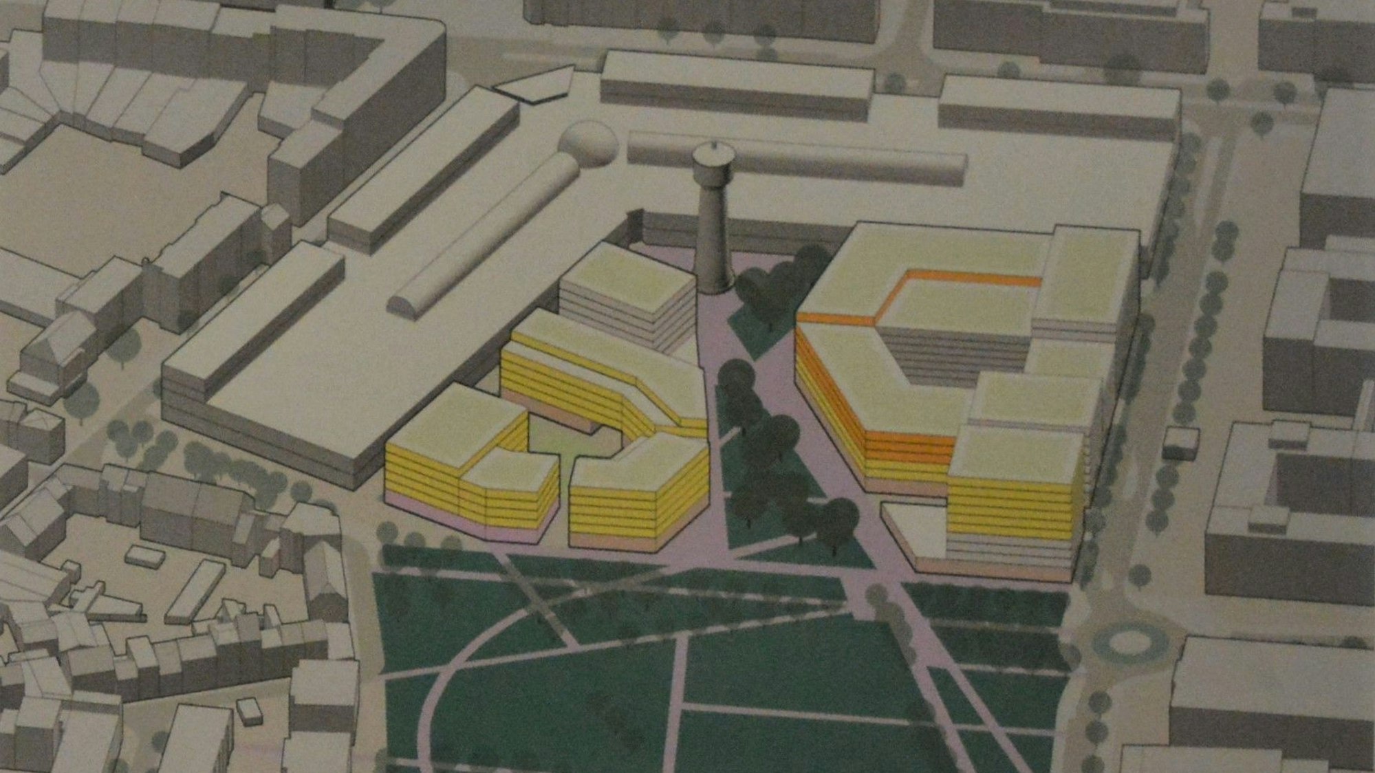 Visualisierung der Planungswerkstatt für das Areal zwischen den Köln-Arcaden und dem Bürgerpark.