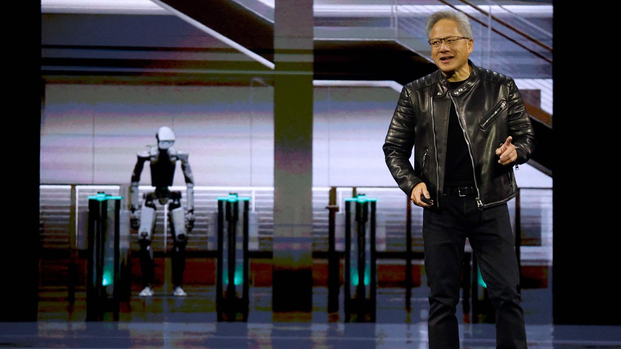 Jensen Huang, Chef des Chipkonzerns Nvidia, spricht bei der Entwicklerkonferenz GTC.)