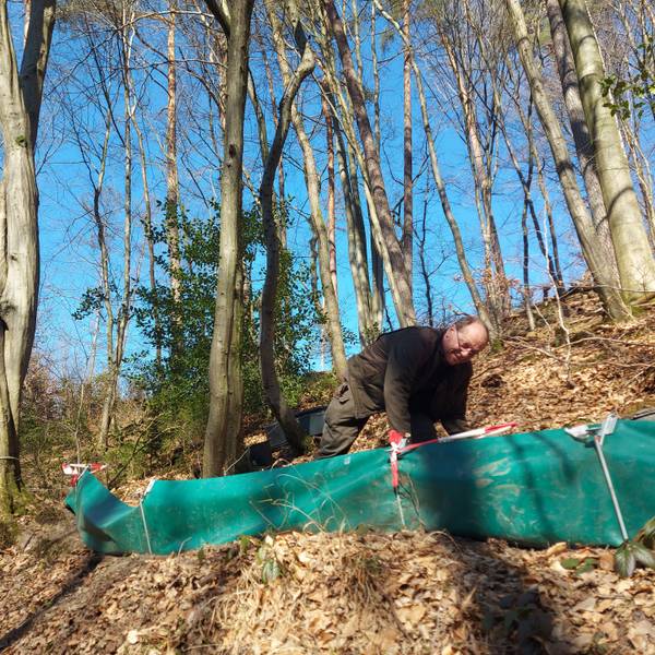 Ein Mann steht an einem Amphibienschutzzaun im Wald.
