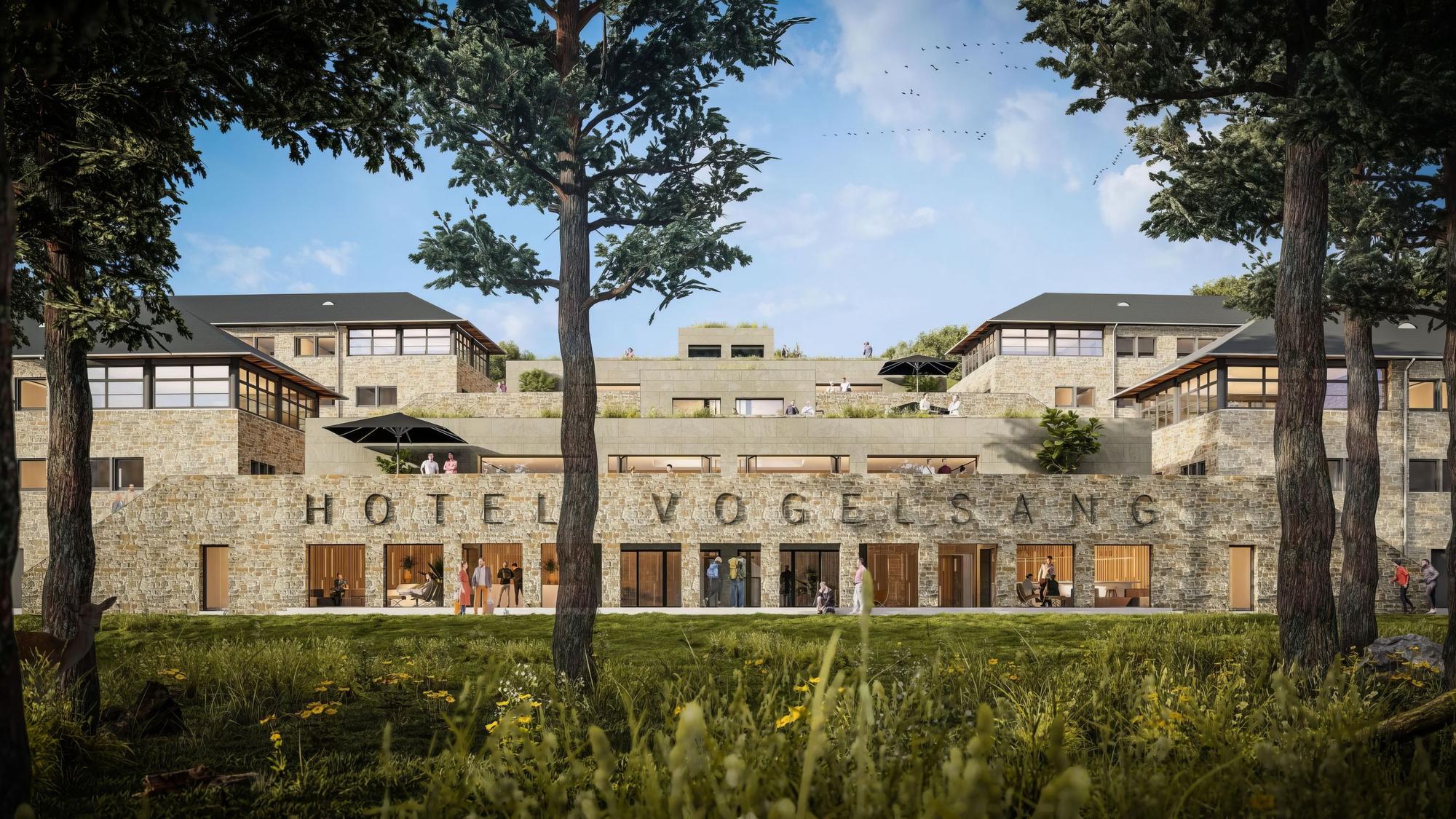 Die Visualisierung zeigt den künftigen Eingangsbereich des Hotel Vogelsang mit den angrenzenden Hundertschaftshäusern.
