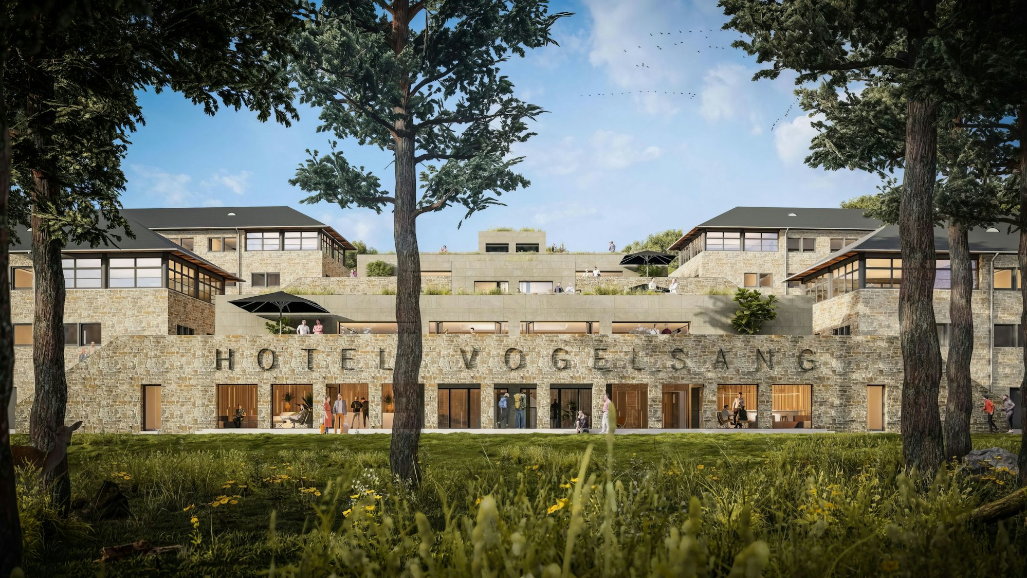 Die Visualisierung zeigt den künftigen Eingangsbereich des Hotel Vogelsang mit den angrenzenden Hundertschaftshäusern.