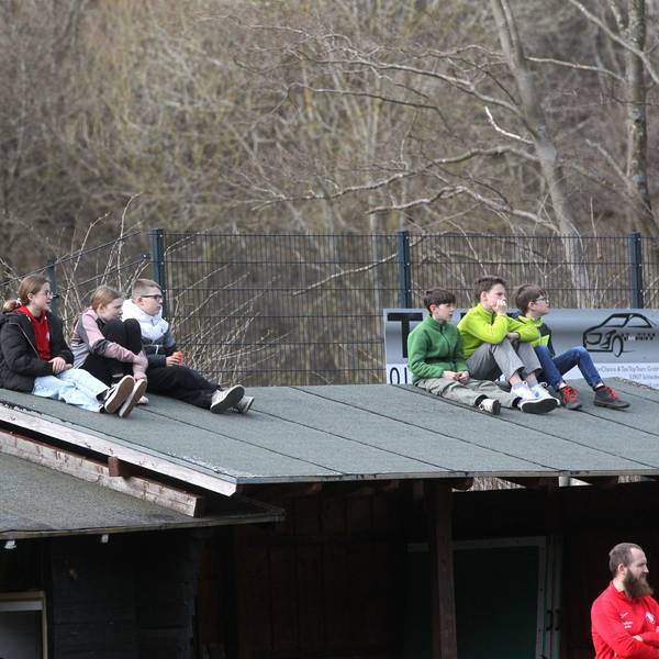 Sechs Kinder sitzen auf dem Dach und verfolgen ein Fußballspiel.