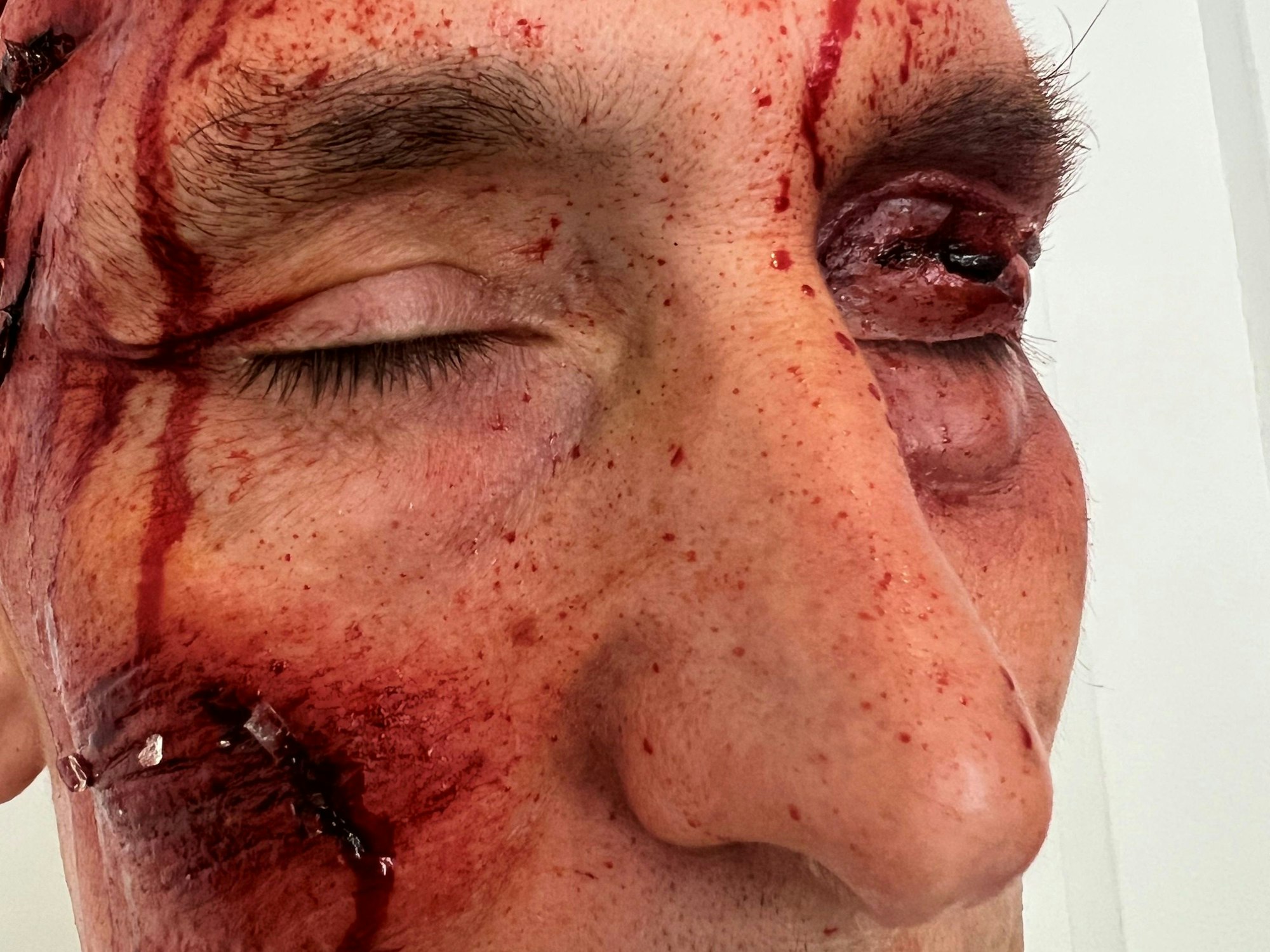 Das Foto zeigt das Gesicht eines Mannes, dem Wunden geschminkt wurden.