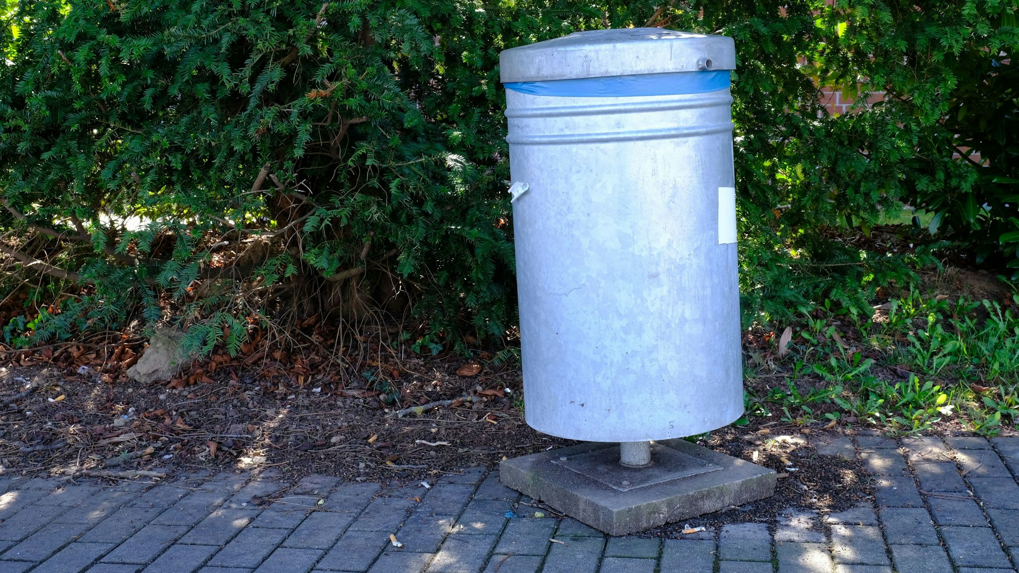 Ein Mülleimer aus grauem Zinkblech steht vor einer Hecke auf dem Gehweg.