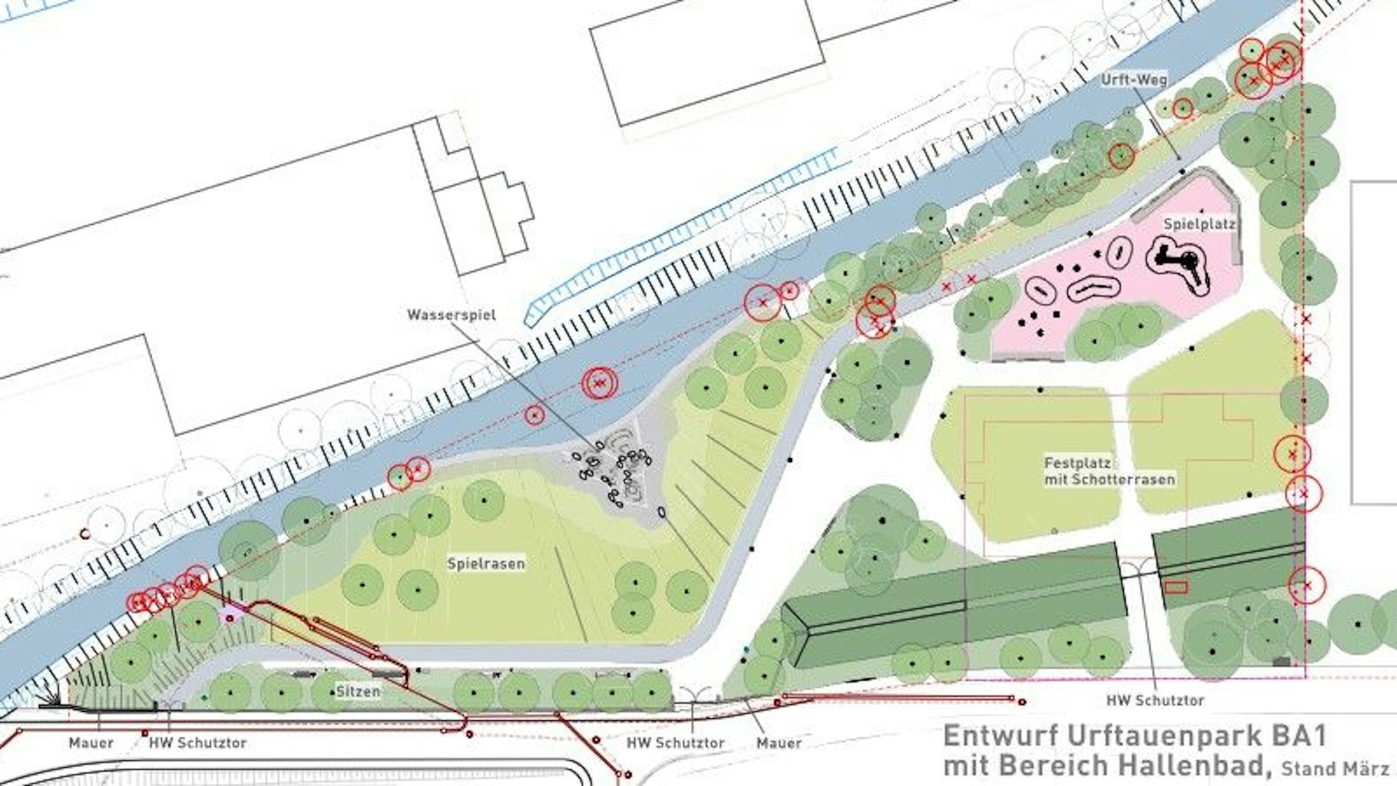 Eine Planungsskizze zeigt Grünflächen, Bäume und Spielgeräte.